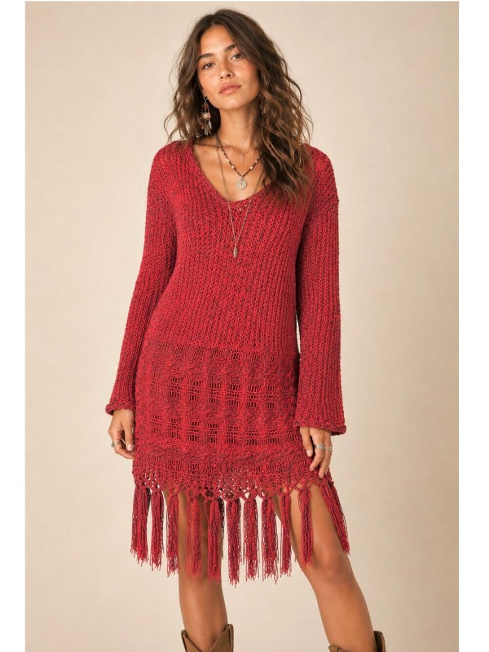 Free People Hooded Fringe Sweater Tunic Red Orange Crochet Knit Festival Medium